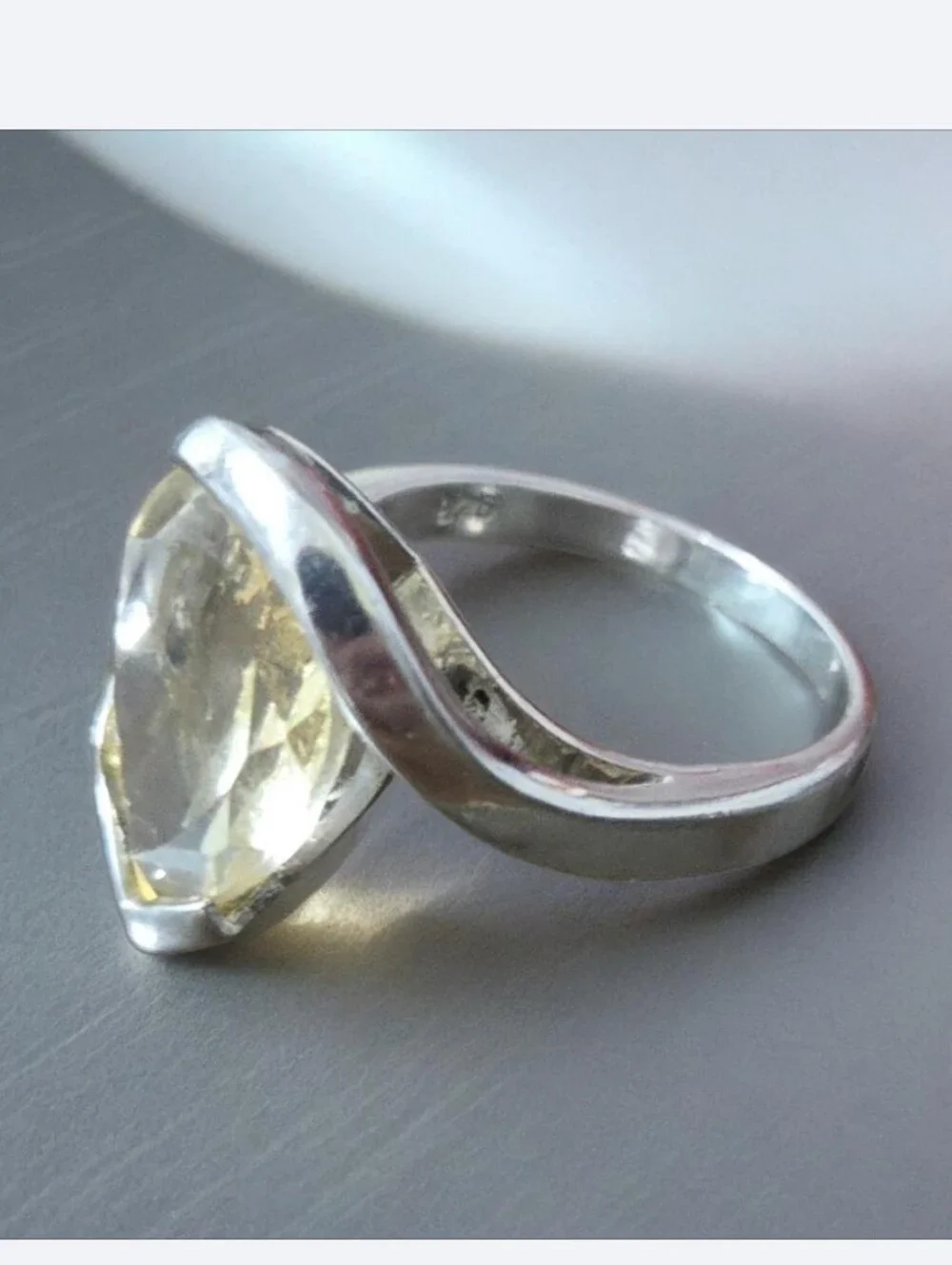 Silver Ring with Light Yellow Teardrop Gem 925  Women's Jewelry
